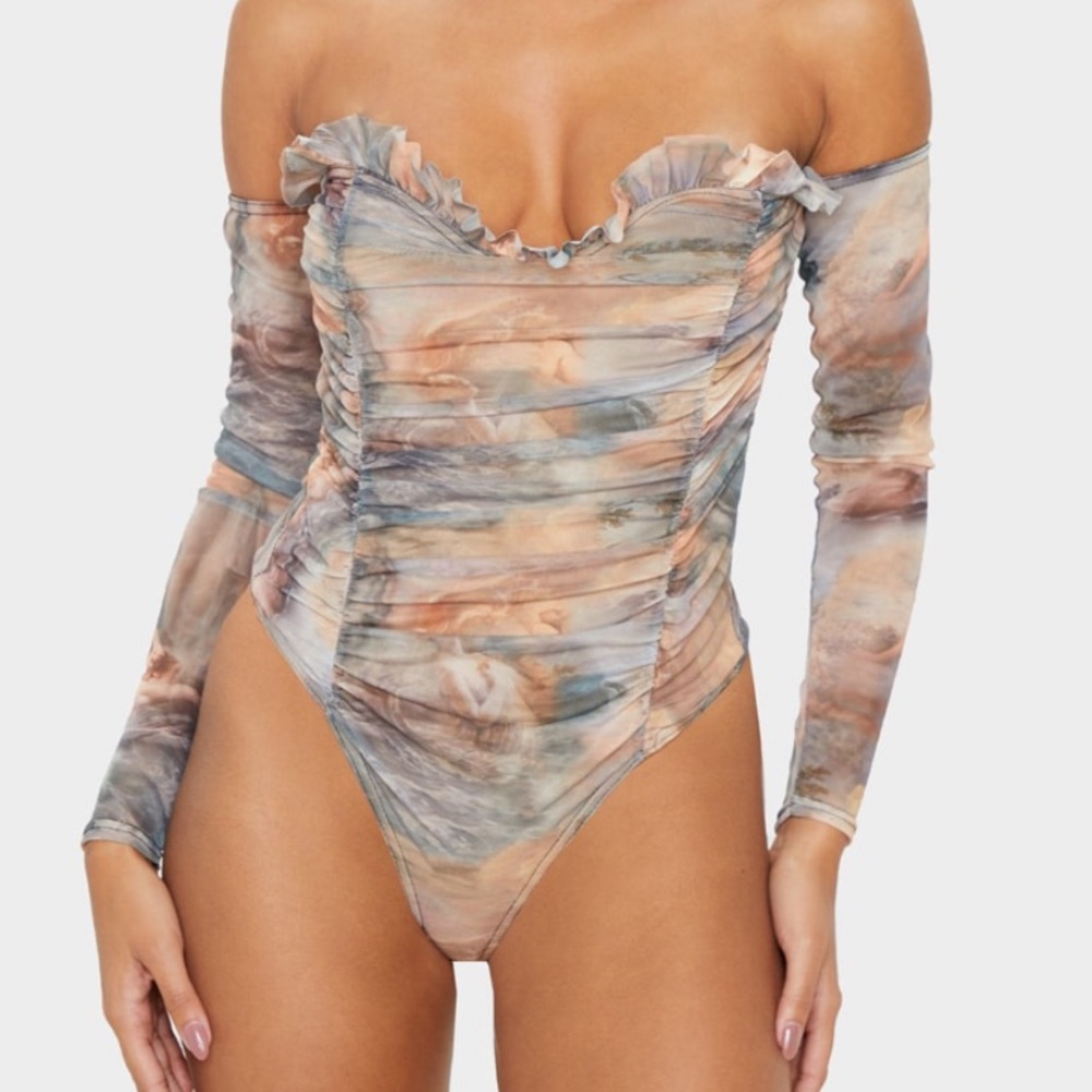 Multi Water Renaissance Printed Mesh Bodysuit